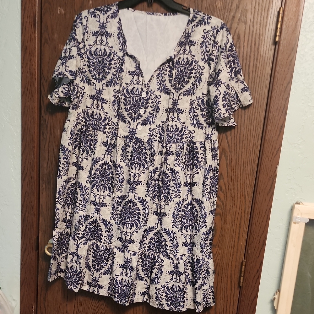 Blue and White Patterned Midi Dress